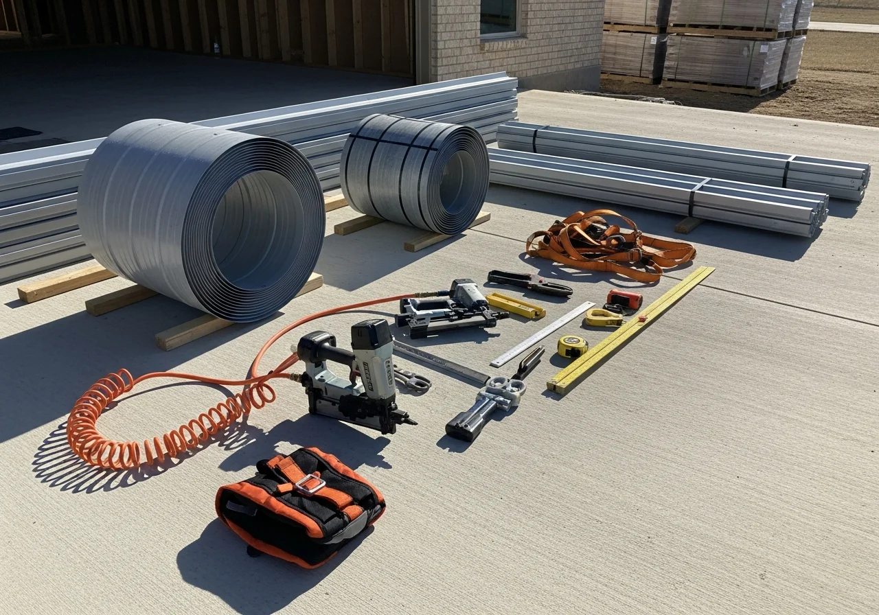 Metal roofing crew and tools on a residential job site, showcasing professional installation equipment and materials.