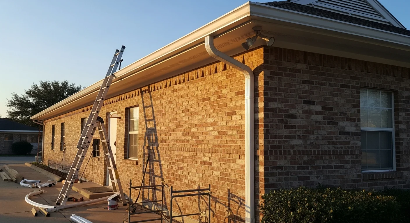 Commercial gutter system installed on business building