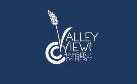 Valley View Chamber of Commerce logo with flower and circular design elements on navy background