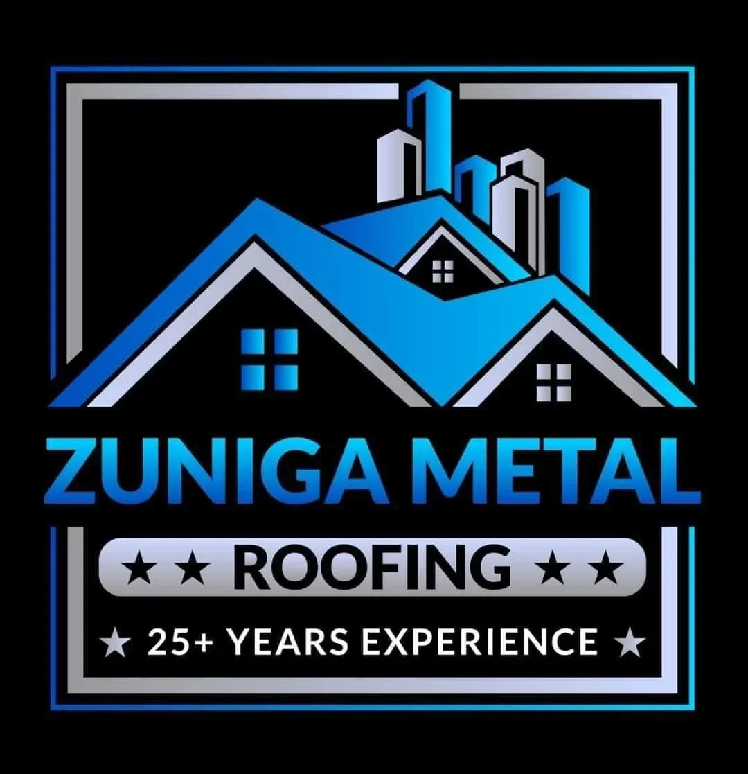 Metal roofing installation with blue metal panels and white trim on residential structure