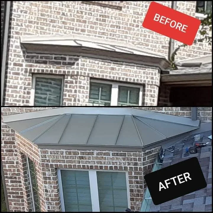Standing seam metal roof installation on brick building addition with vertical panel design