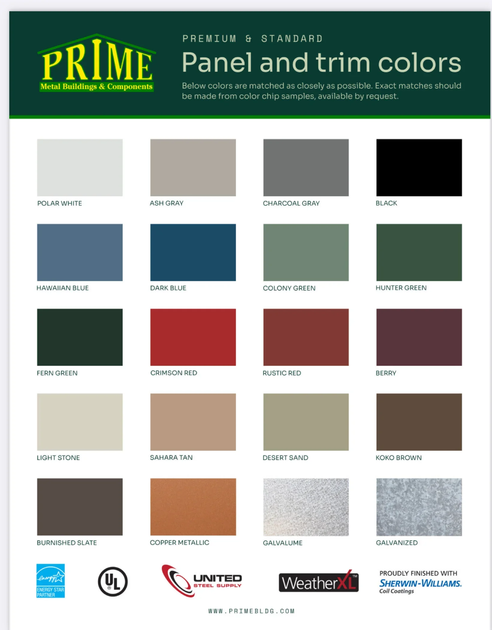Metal building panel color swatches displaying 20 finish options including whites, grays, blues, greens, reds, browns, and metallic finishes