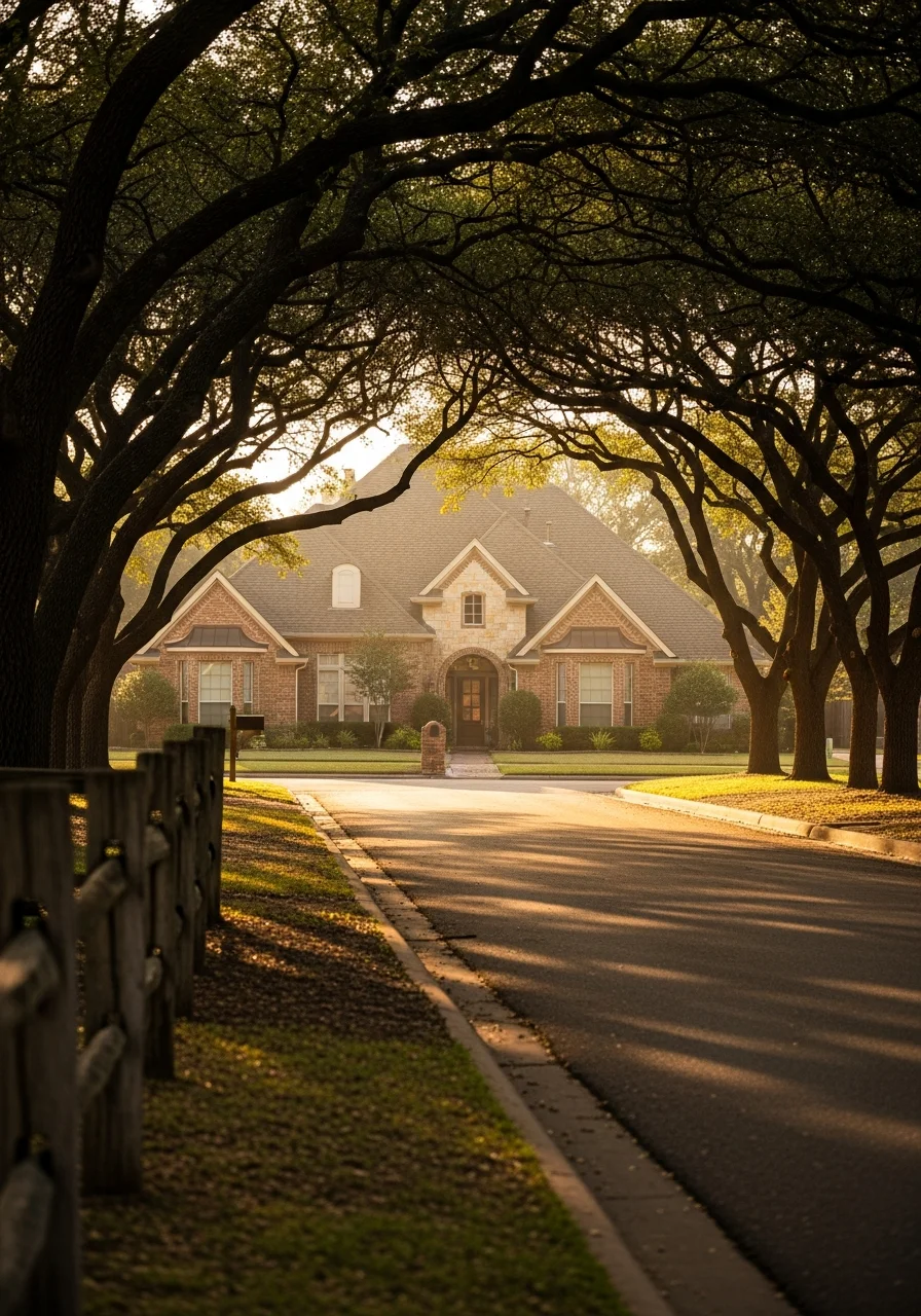 Residential Denton neighborhood showing a mix of architectural styles and mature landscaping.