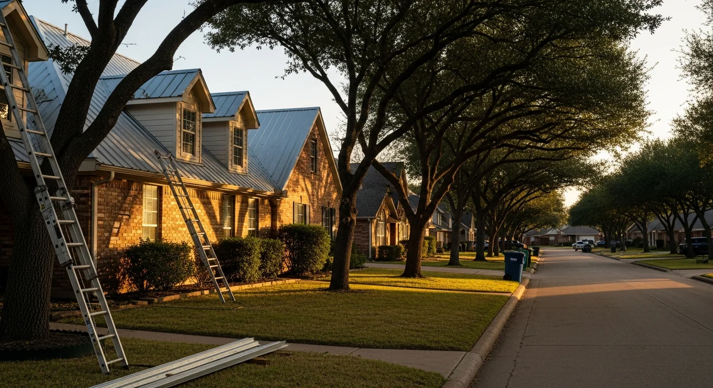 Residential street in Sanger, TX with well-maintained homes and mature trees lining the road.