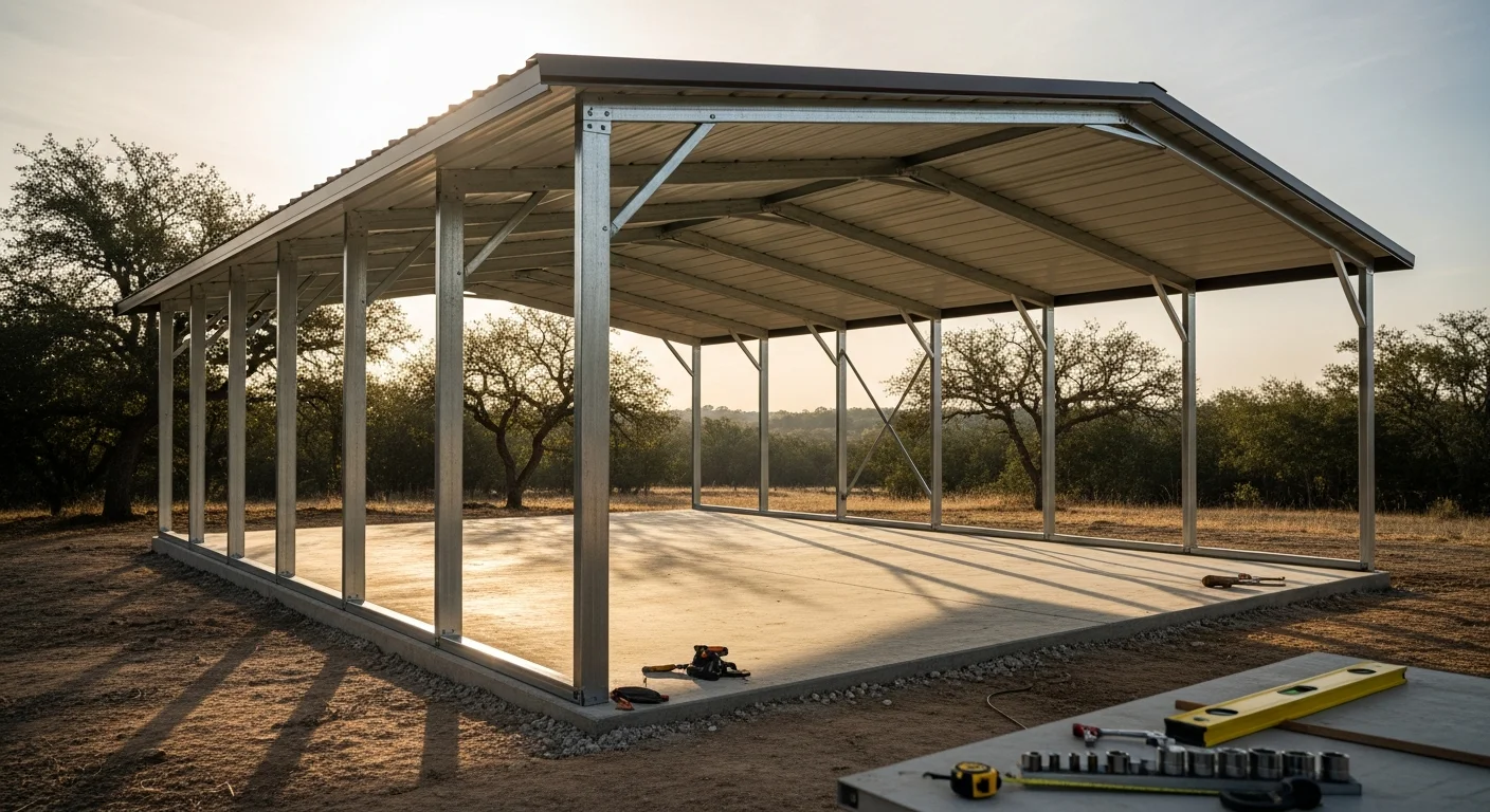 A steel carport installed at a residential property in Sanger, California, providing shaded covered parking for two vehicles on a sunny Central Valley day. The metal roof panels and upright steel frame are visible against a clear blue sky with dry valley landscape in the background.