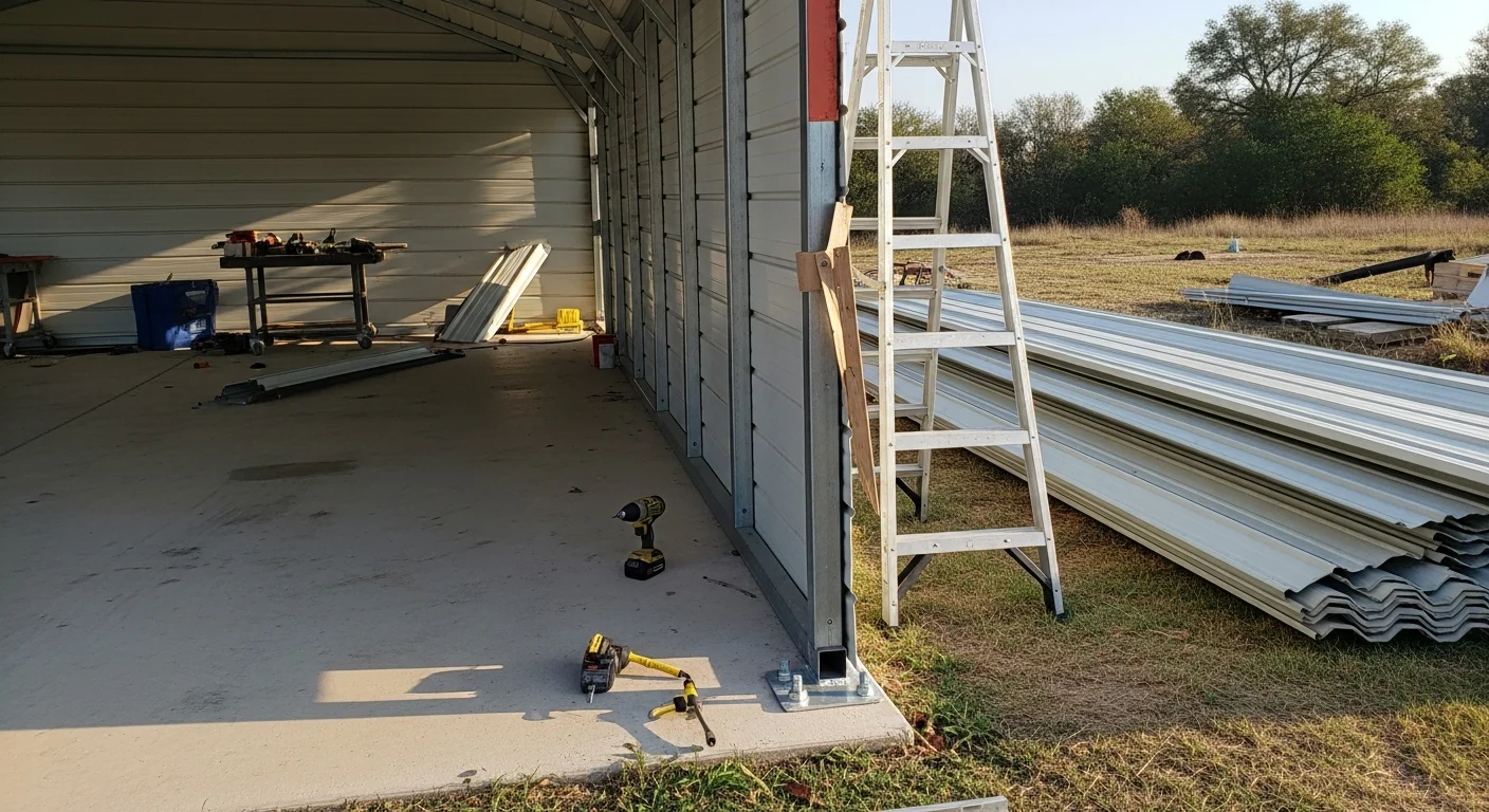 A repaired metal carport in Sanger, California with straightened framing, replaced roof panels, and reset post anchors on a residential property. Close view shows tight fasteners and sealed panel seams on the finished metal structure.