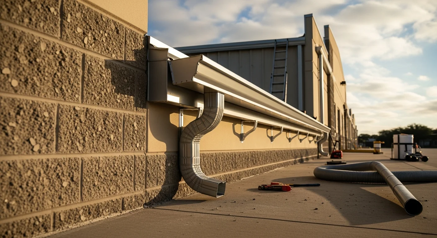 A completed commercial gutter installation on a flat-roof building in Sanger, CA, showing metal gutters and downspouts mounted along the roofline. Water drainage runs away from the building's foundation and entry area.