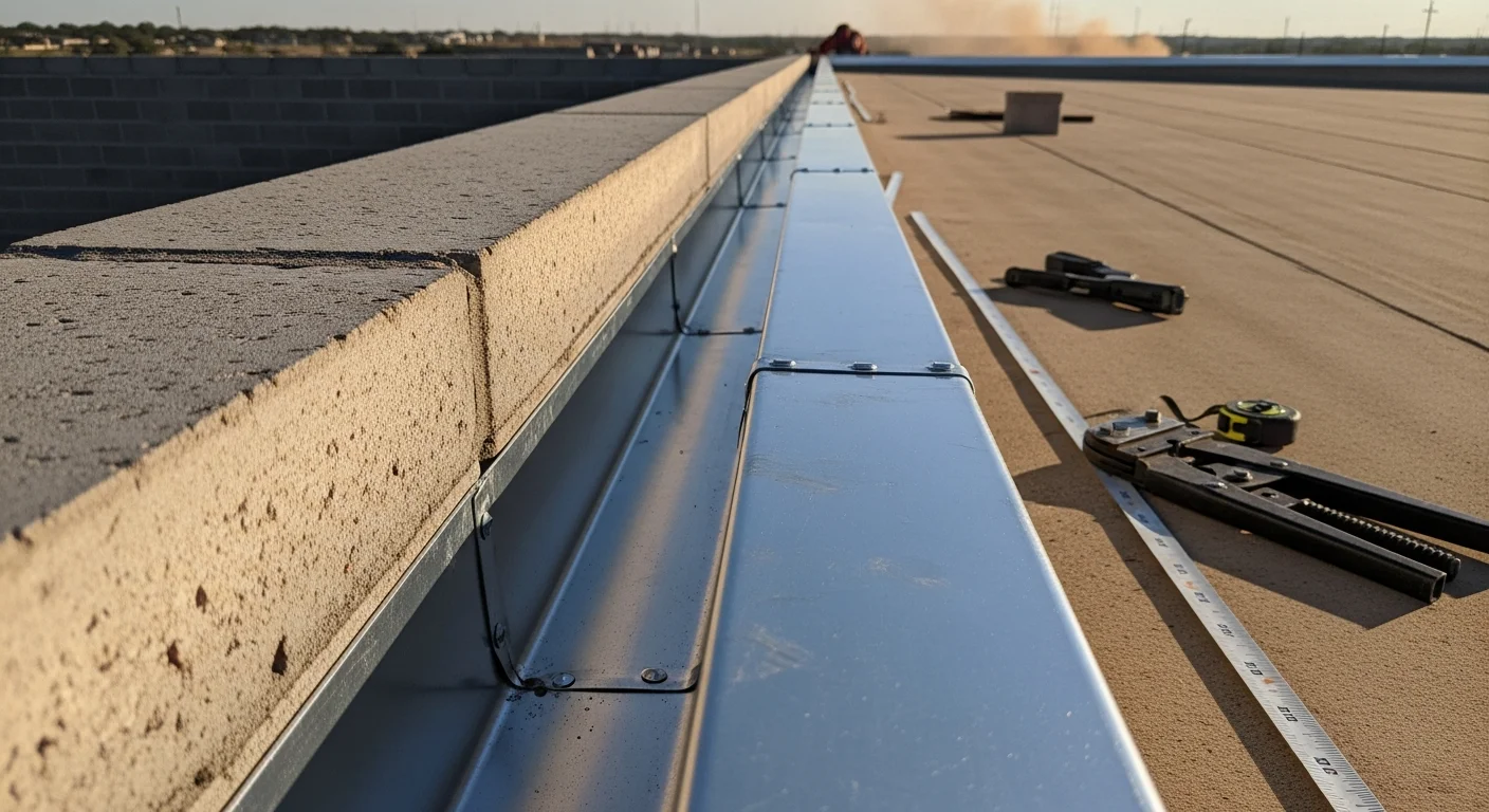 Metal coping cap installed along the parapet wall of a commercial metal building in Sanger, California, showing clean roof edge detailing and custom-fabricated panel sections. Close view of the finished coping profile with flashing visible at the wall junction.