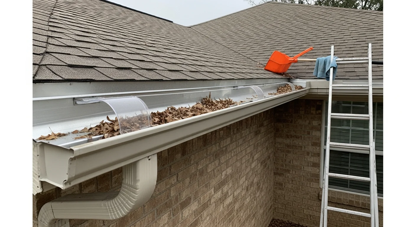 A Zuniga Metal Roofing crew member cleaning debris from the gutters of a single-family home in Sanger, CA. Cleared downspouts and clean gutter channels are visible along the roofline of a Central Valley residential property.