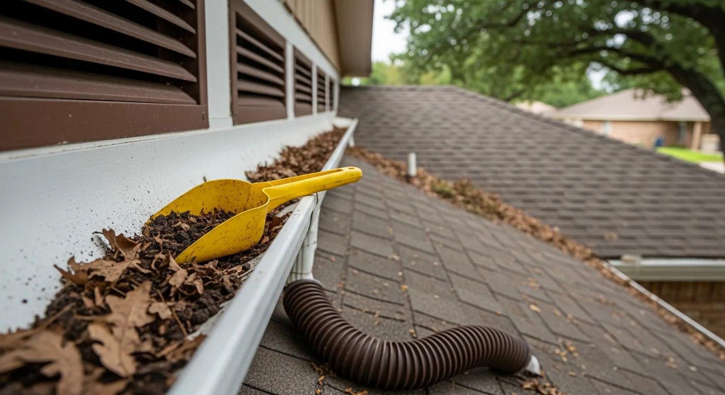 A Zuniga Metal Roofing technician clearing packed leaf debris and dust buildup from the gutters of a ranch-style home in Sanger, CA. The downspout is being flushed to confirm clear drainage ahead of the Central Valley rainy season.
