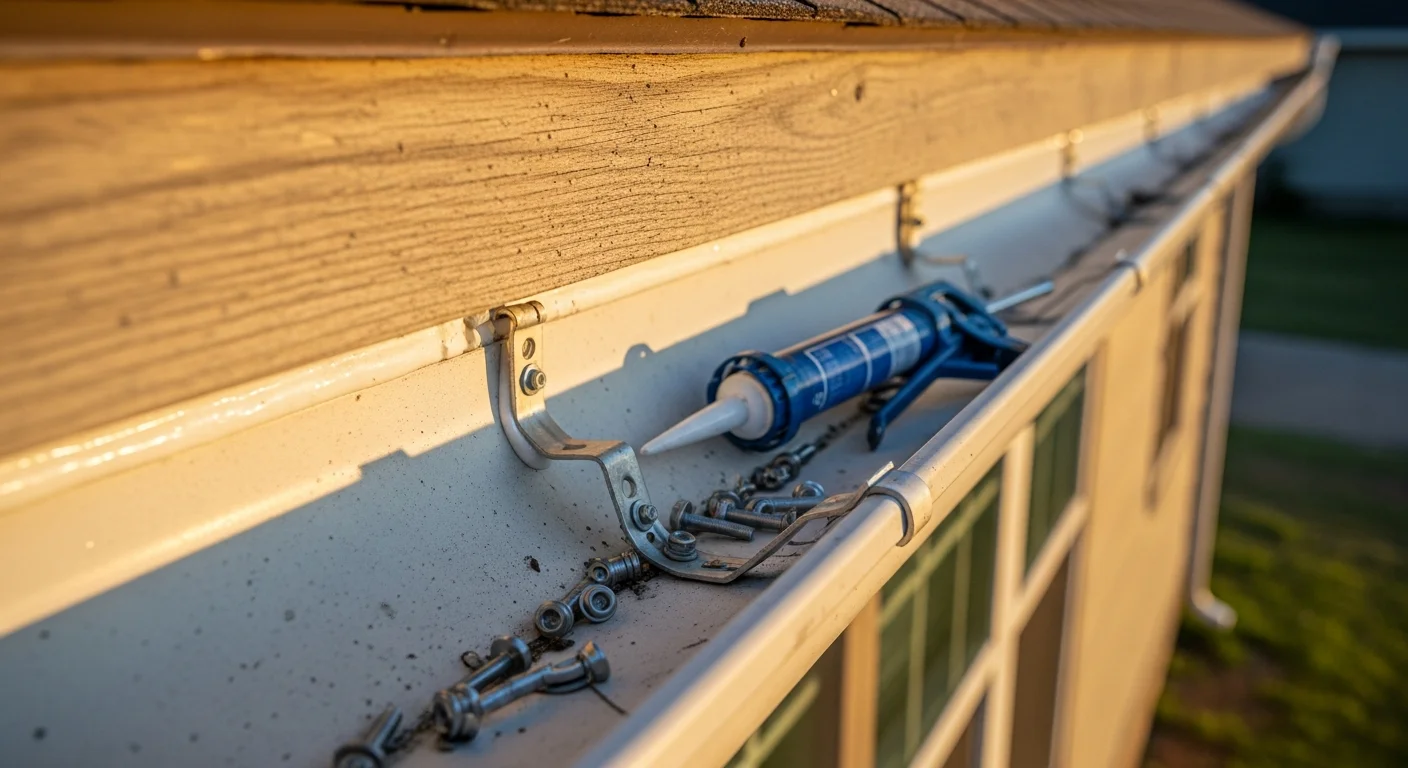 A Zuniga Metal Roofing technician resealing a leaking gutter joint on a ranch-style home in Sanger, CA. The repaired gutter section is flush against the fascia board with a clear downspout visible at the corner of the roofline.