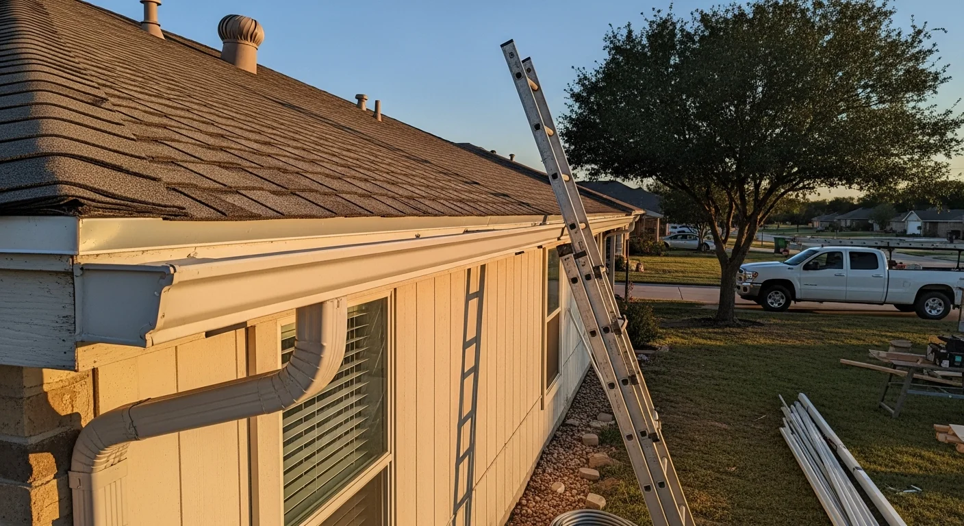 New metal gutters installed along the roofline of a ranch-style home in Sanger, CA, with downspouts positioned to direct water away from the foundation. The old, sagging gutter sections have been removed and replaced with a clean, properly pitched run.