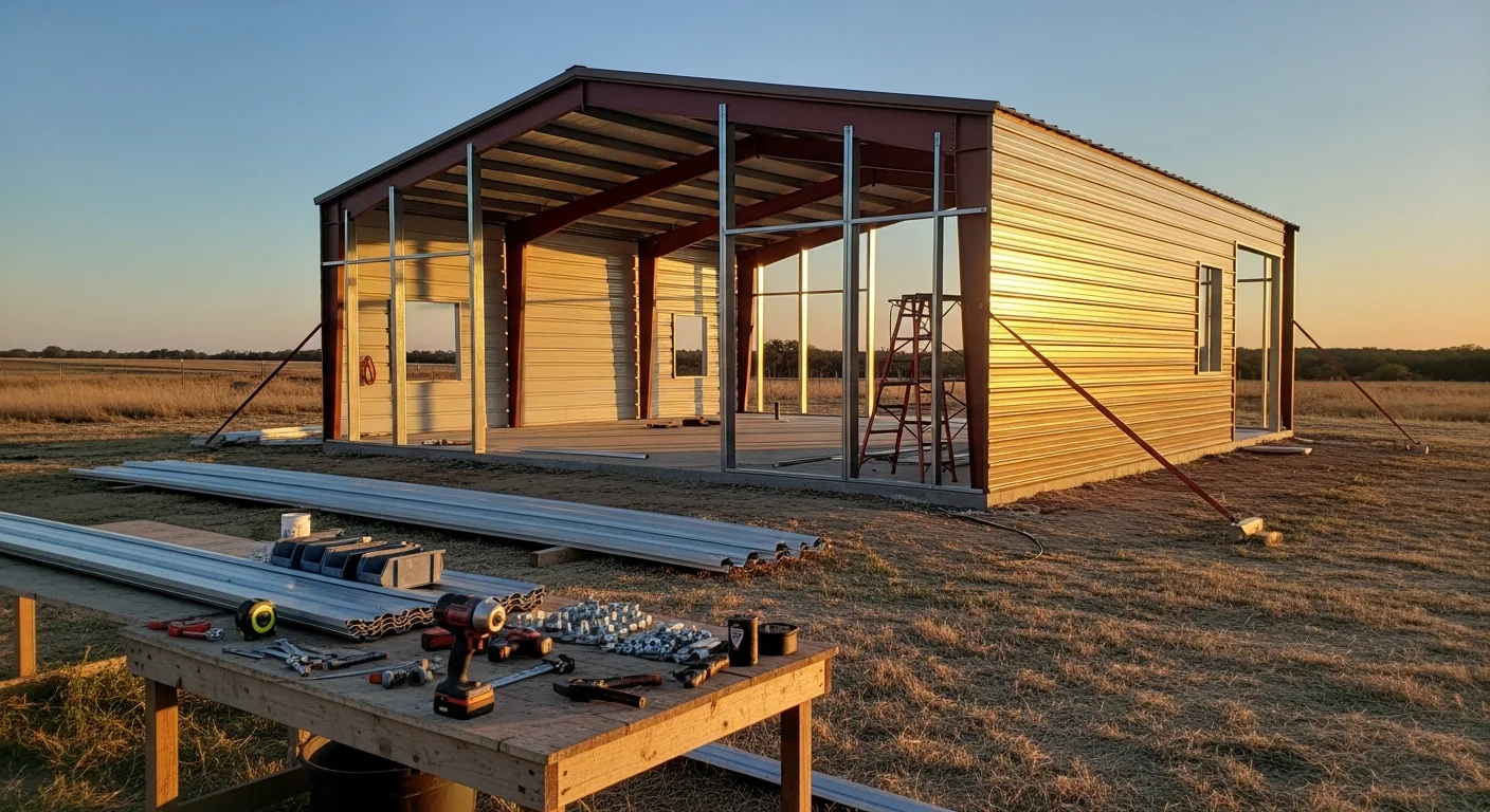 A completed metal building installation on a rural Sanger, Texas property, showing steel wall panels and a metal roof under a clear North Texas sky. The structure is configured as an agricultural equipment shelter with wide access doors on a concrete slab foundation.