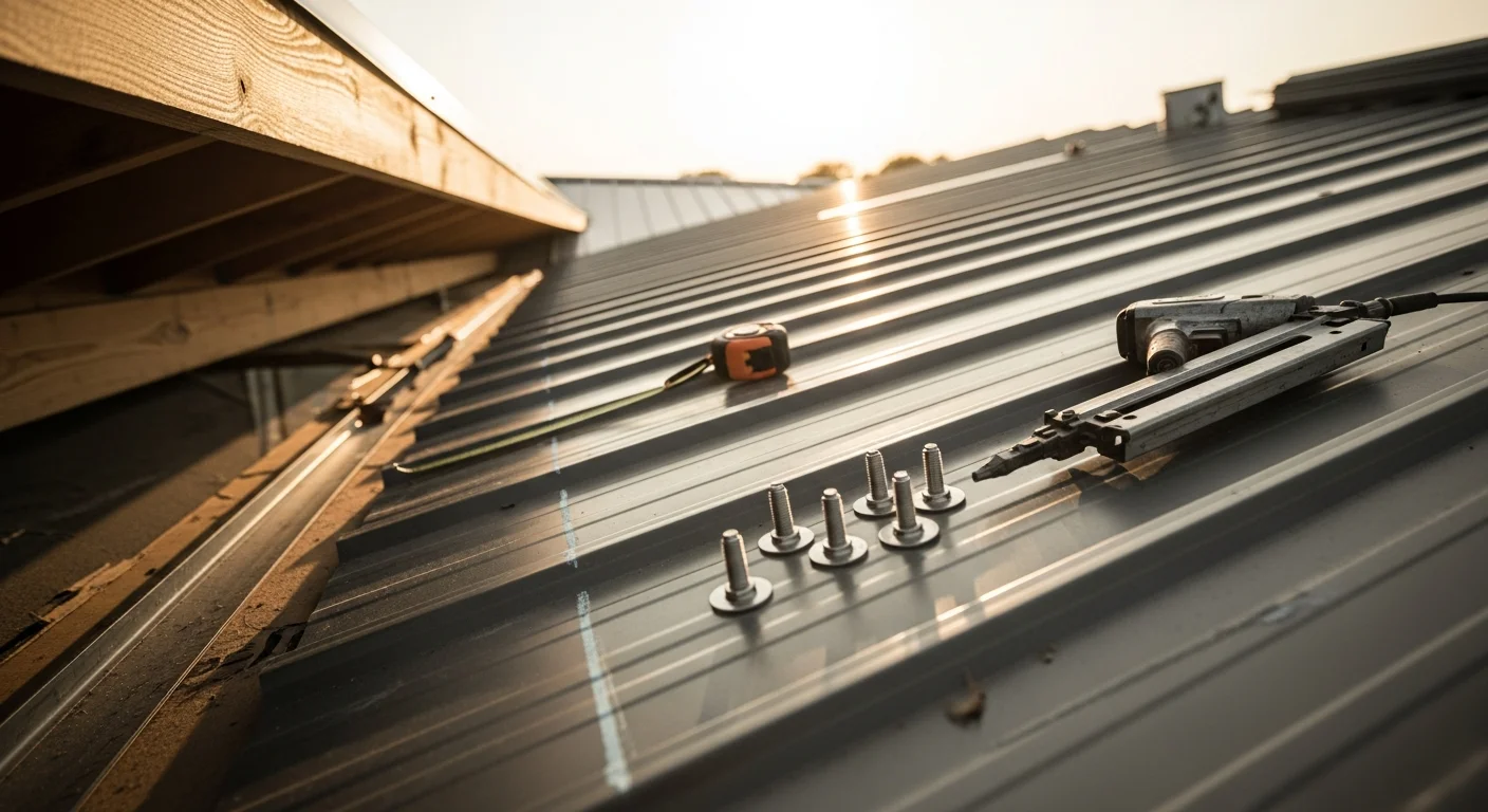 Completed R-Panel metal roof installation on a residential property in Sanger, CA, showing ribbed steel panels running from ridge to eave under clear Central Valley sky. Close view of panel seams and fastener placement on a low-slope section of the roof.