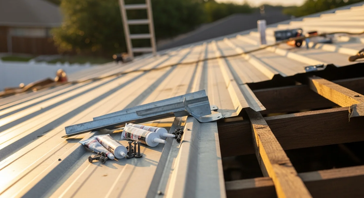 A Zuniga Metal Roofing crew repairing a residential metal roof on a single-family home in Sanger, CA. Close-up view shows repaired seams and replaced flashing along the roofline under clear Central Valley skies.