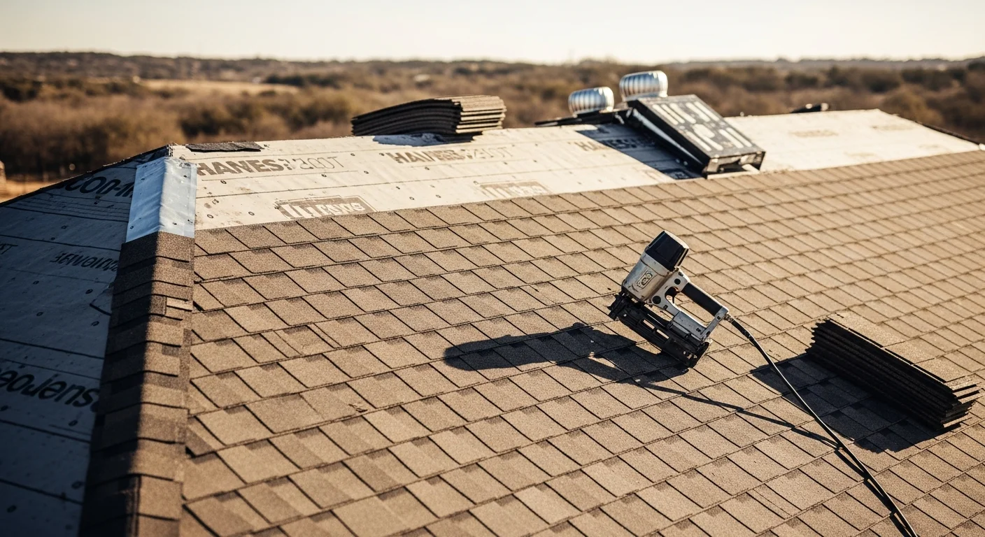 Freshly installed shingle roof on a single-family home in Sanger, CA, with clean ridge lines and uniform shingle rows visible against a clear Central Valley sky. The surrounding yard and driveway are clear of debris following project completion.