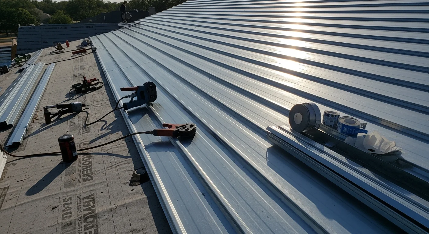 Completed standing seam metal roof installation on a single-family home in Sanger, CA, showing vertical interlocking metal panels running from ridge to eave. Clean panel lines and hidden fasteners are visible under clear Central Valley sky.