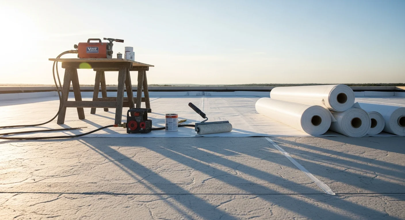 A completed TPO flat roof installation on a residential property in Sanger, CA, showing a clean white single-ply membrane with heat-welded seams and finished flashing around roof penetrations. The reflective white surface contrasts against the Central Valley sky on a clear summer day.
